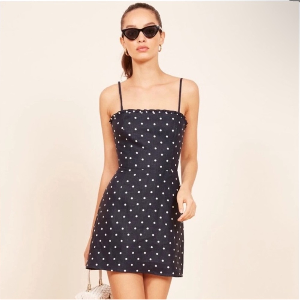 Reformation navy and white polka dot Ava mini linen dress